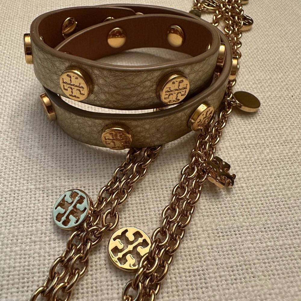 Tory Burch women's leather/gold bracelet and necklace set (2 piece set)